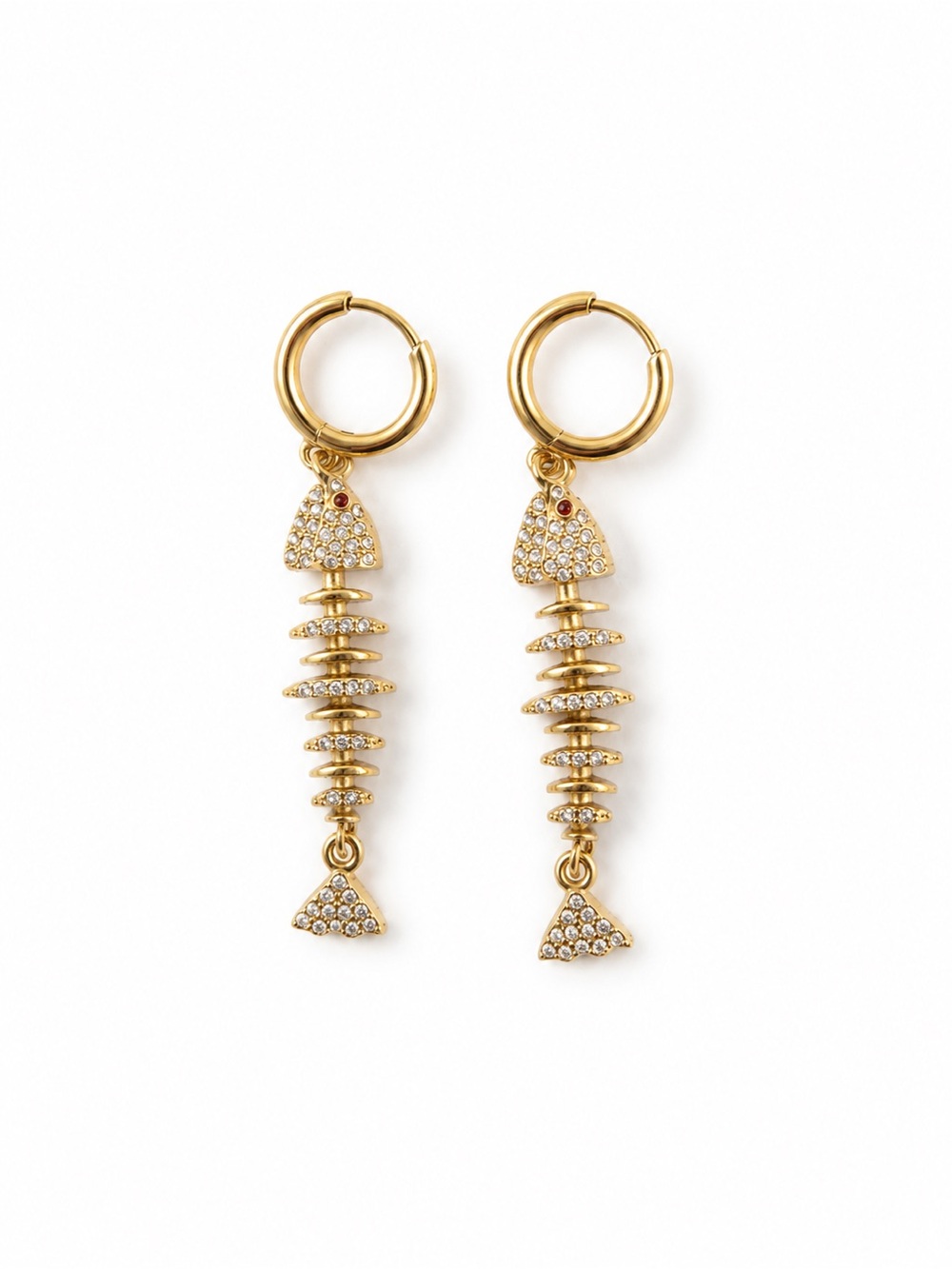 Gold Fishbone Drop Hoop Earrings